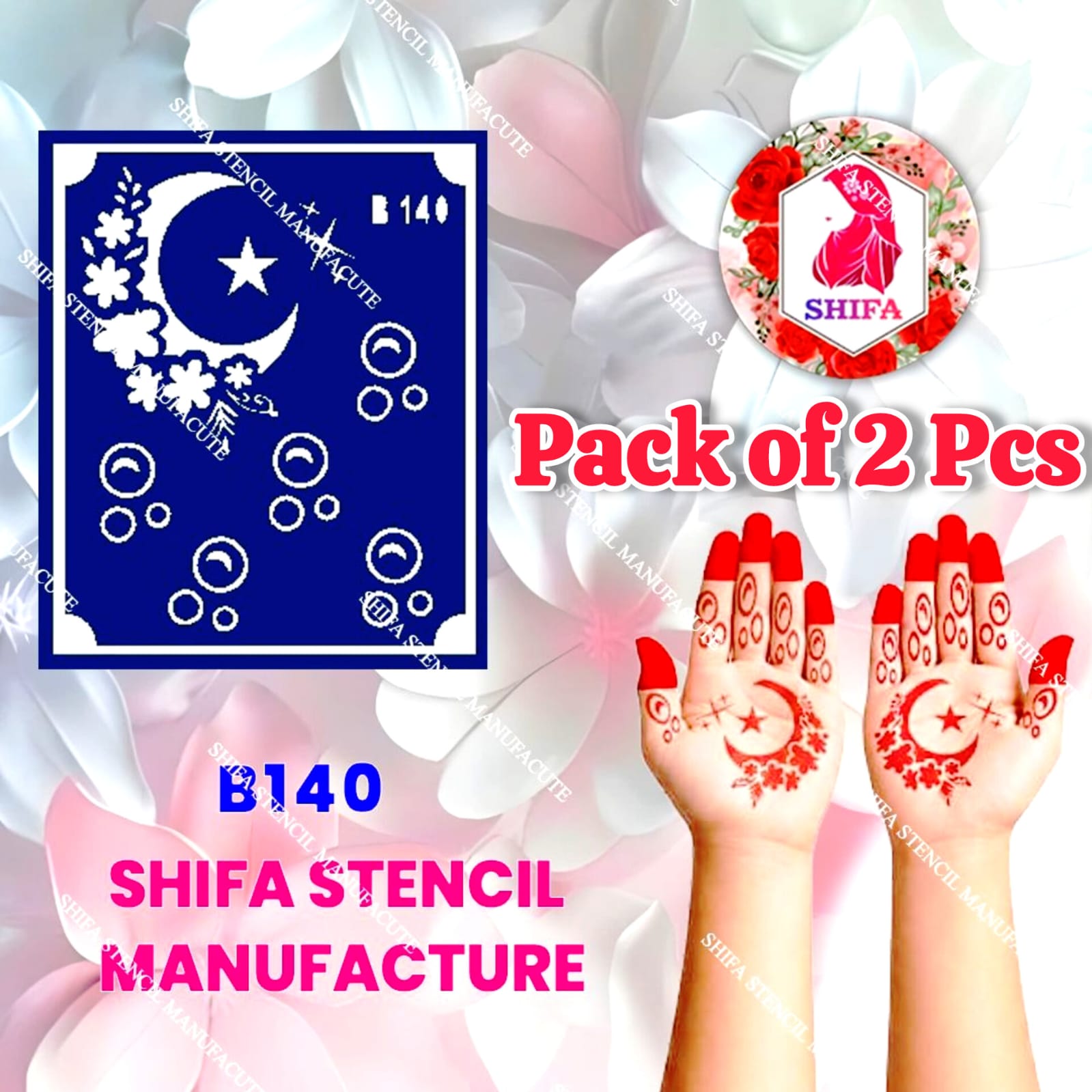 B140 (age 5 to 10) Floral Crescent Radiance Double Hand Henna Stencil - Shifa Stencil